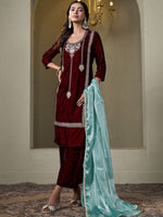 Thumbnail for Sangria Floral Embroidered Round Neck Straight Velvet Kurta With Trousers & Dupatta