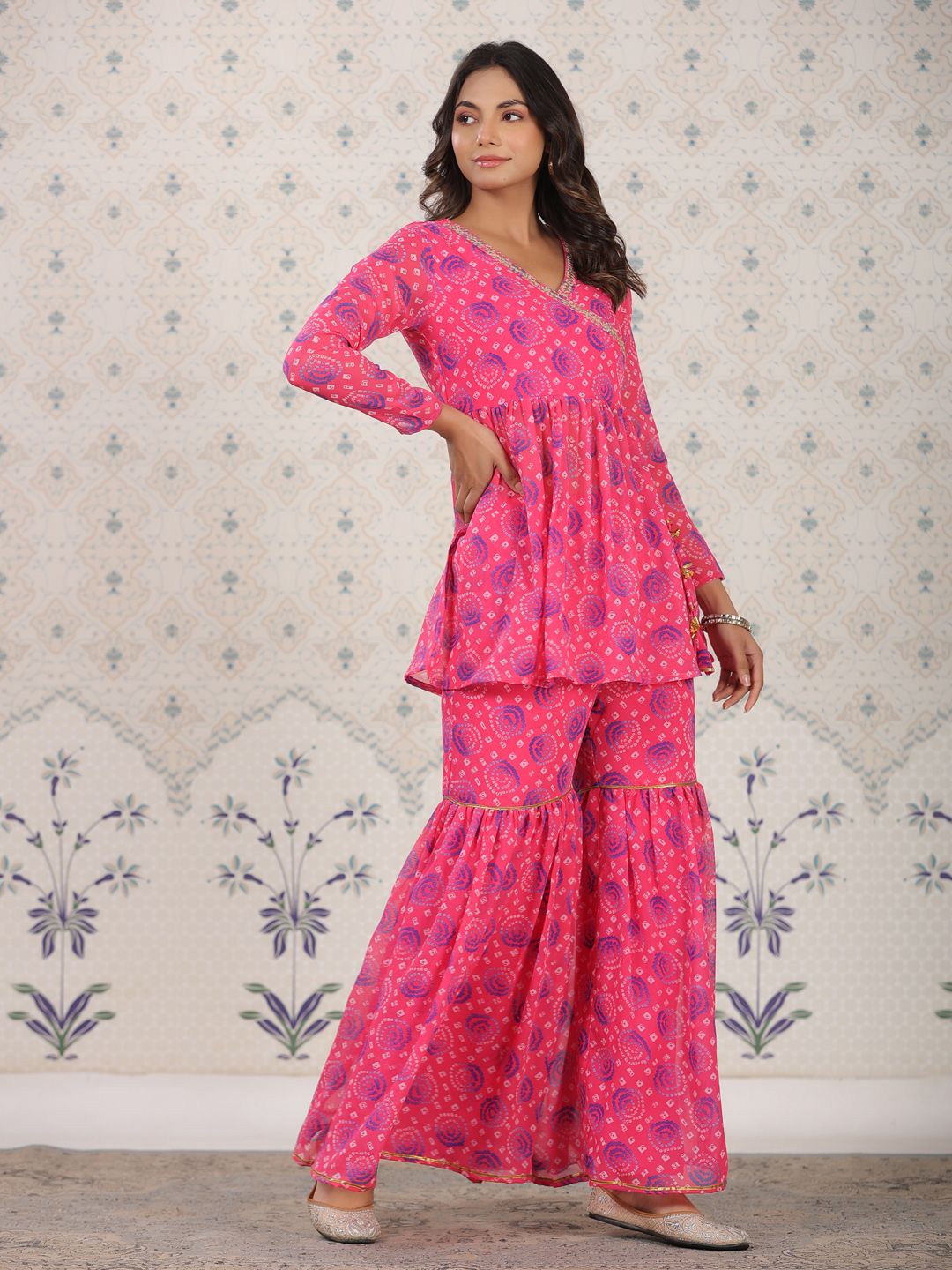 Ode by House of Pataudi Red Bandhani Printed Angrakha A-Line Kurti With Sharara