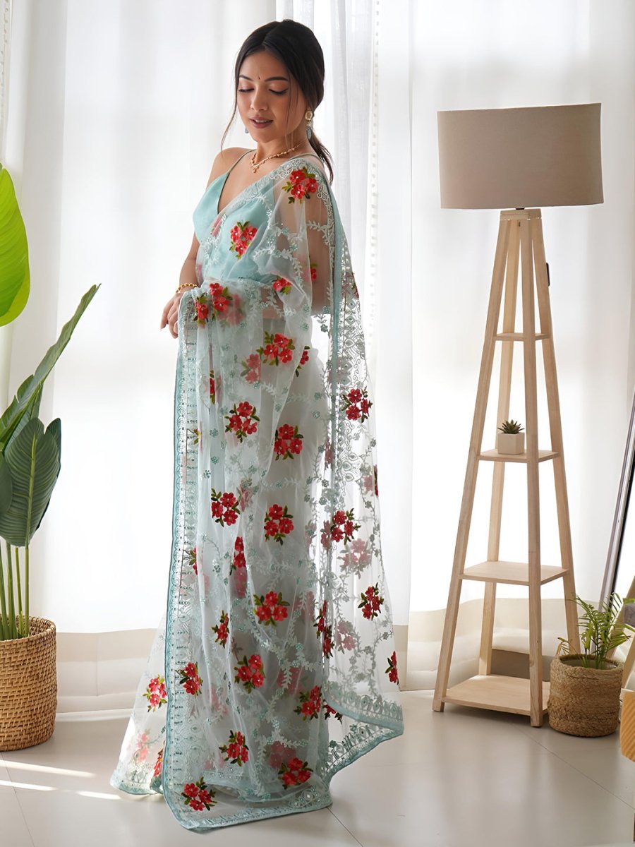 Anouk Floral Embroidered Net Saree - Distacart