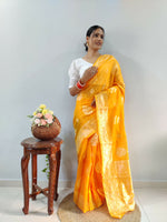 Thumbnail for Malishka Cotton Silk Jacquard Ready To Wear Saree With Blouse Piece - Yellow - Distacart
