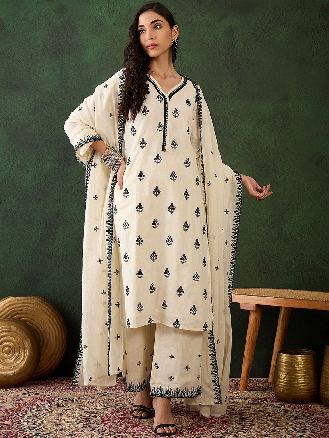 Sangria Off White Floral Embroidered Pure Cotton Mirror Work Kurta & Palazzos With Dupatta - Distacart