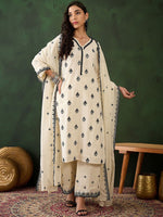 Thumbnail for Sangria Off White Floral Embroidered Pure Cotton Mirror Work Kurta & Palazzos With Dupatta - Distacart