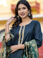 Thumbnail for Vishudh Green Round Neck Embellished Straight Kurta & Palazzos With Dupatta