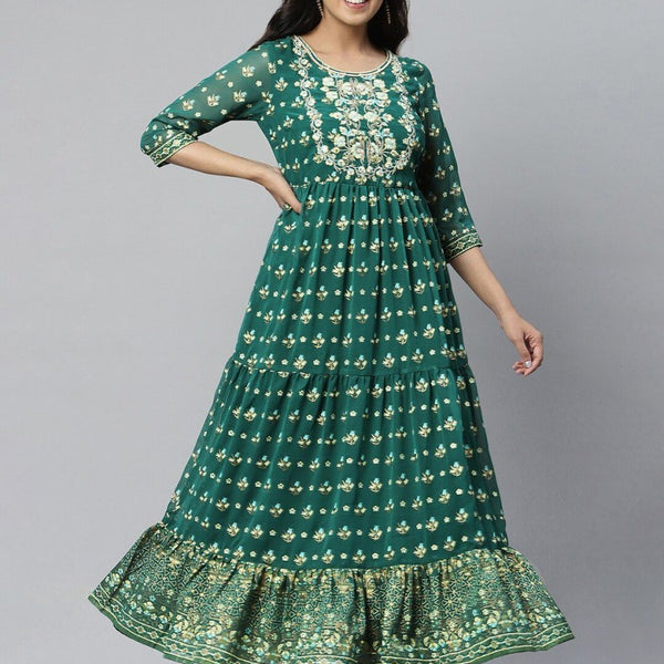 AURELIA Green Floral Printed Tiered Maxi Dress - Distacart