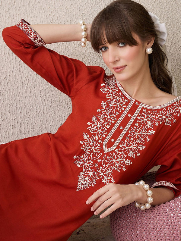 Indo Era Floral Yoke Design Thread Work Cotton Straight Kurta