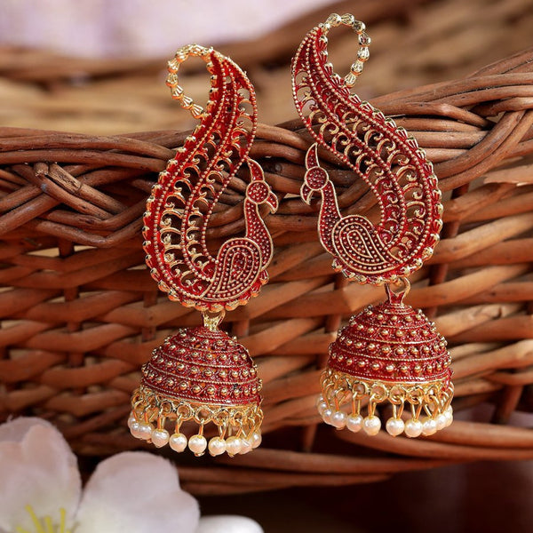 Anikas Creation Red & Gold-Plated Peacock Shaped Jhumkas - Distacart