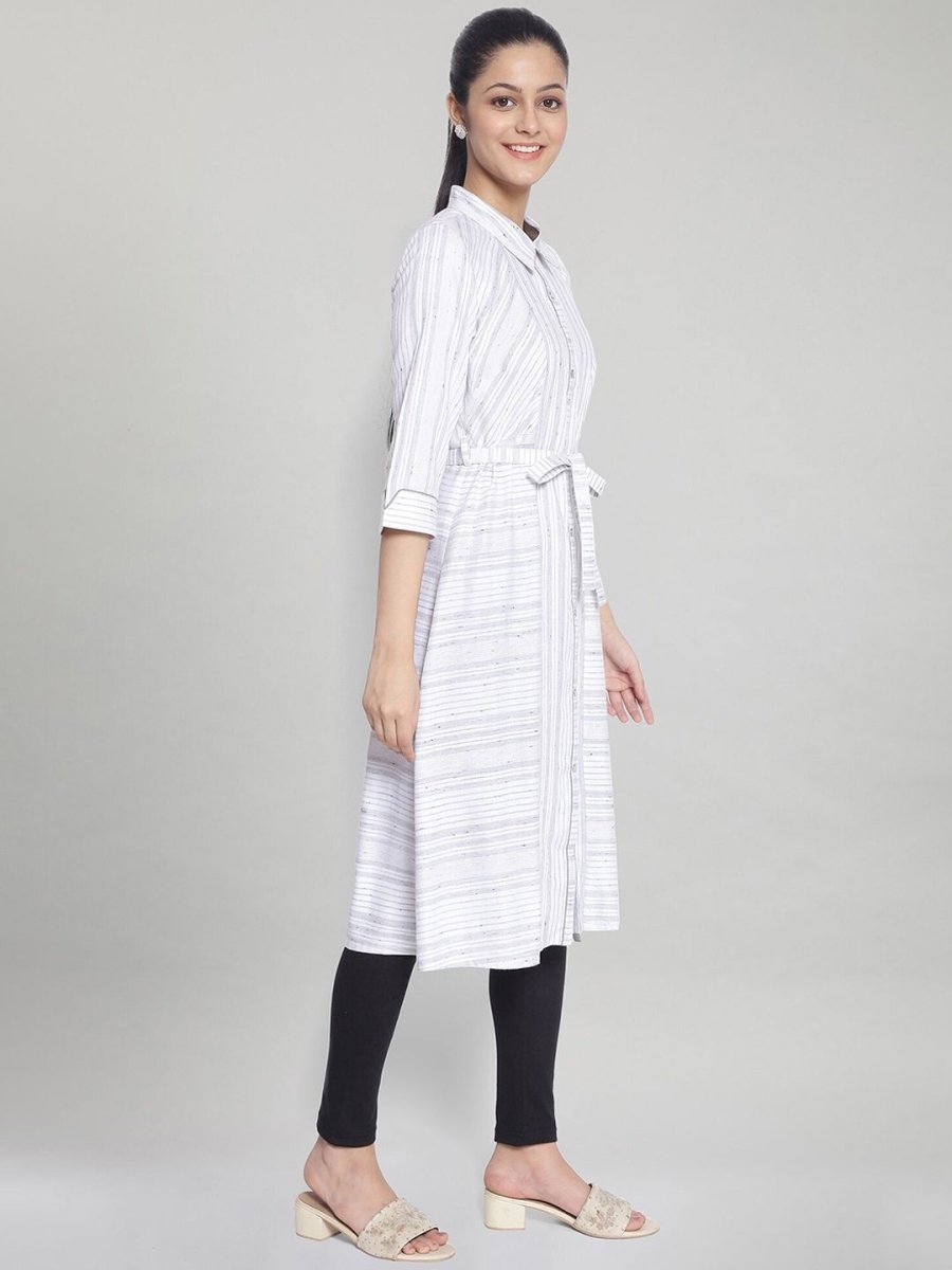 AURELIA White & Grey Striped Shirt Midi Dress With Waist Tie Up