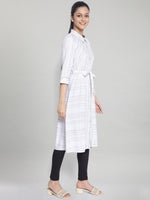 Thumbnail for AURELIA White & Grey Striped Shirt Midi Dress With Waist Tie Up