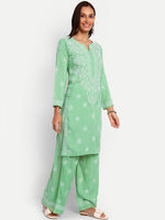 Thumbnail for ADA Floral Embroidered Long Sleeves Regular Lucknowi Chikankari Kurta With Palazzos - Distacart