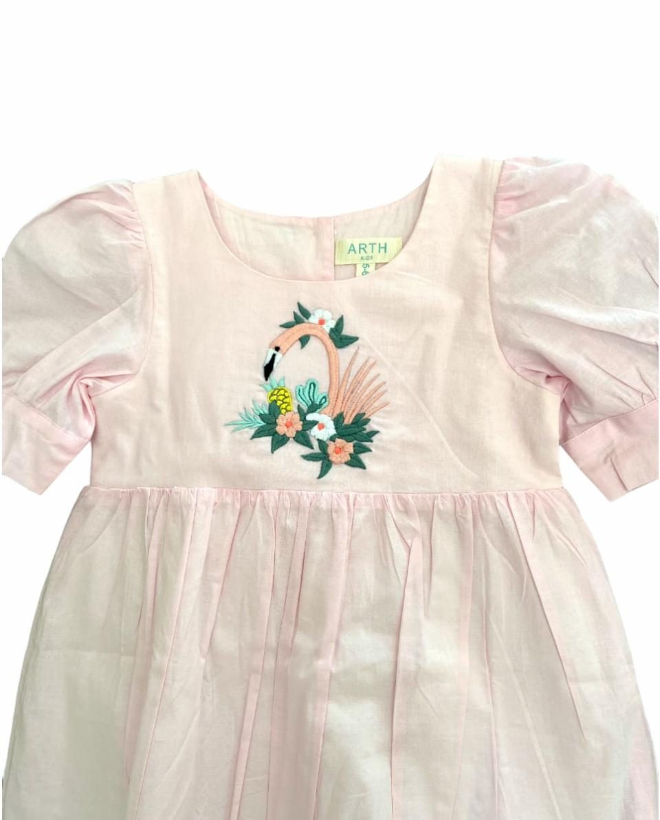 ArthLife Pink Flamingo Embroidered Dress - Distacart