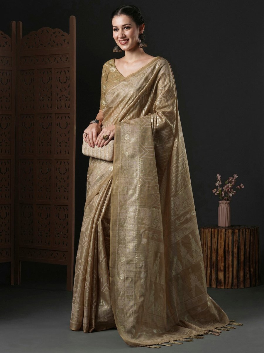 Anouk Beige & Gold-Toned Geometric Printed Zari Saree - Distacart