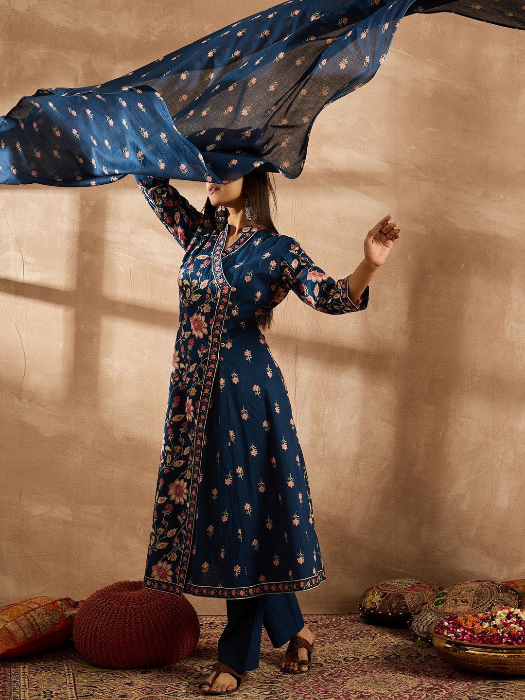 Indo Era Women Floral Printed Angrakha Beads and Stones Pure Cotton Kurta with Trousers & With Dupatta