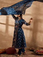 Thumbnail for Indo Era Women Floral Printed Angrakha Beads and Stones Pure Cotton Kurta with Trousers & With Dupatta