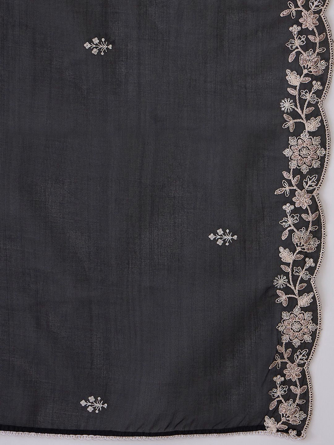Indo Era Black Floral Embroidered Thread Work Kurta with Trousers & Dupatta