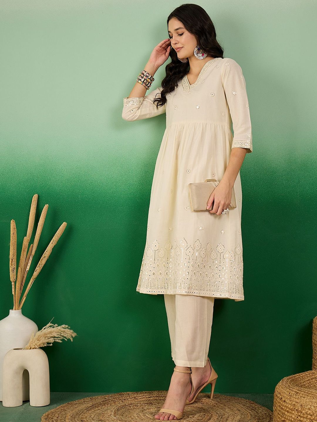 Sangria Off White Floral Embroidered Mirror Work Pure Cotton Anarkali Kurta Set