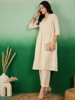 Thumbnail for Sangria Off White Floral Embroidered Mirror Work Pure Cotton Anarkali Kurta Set