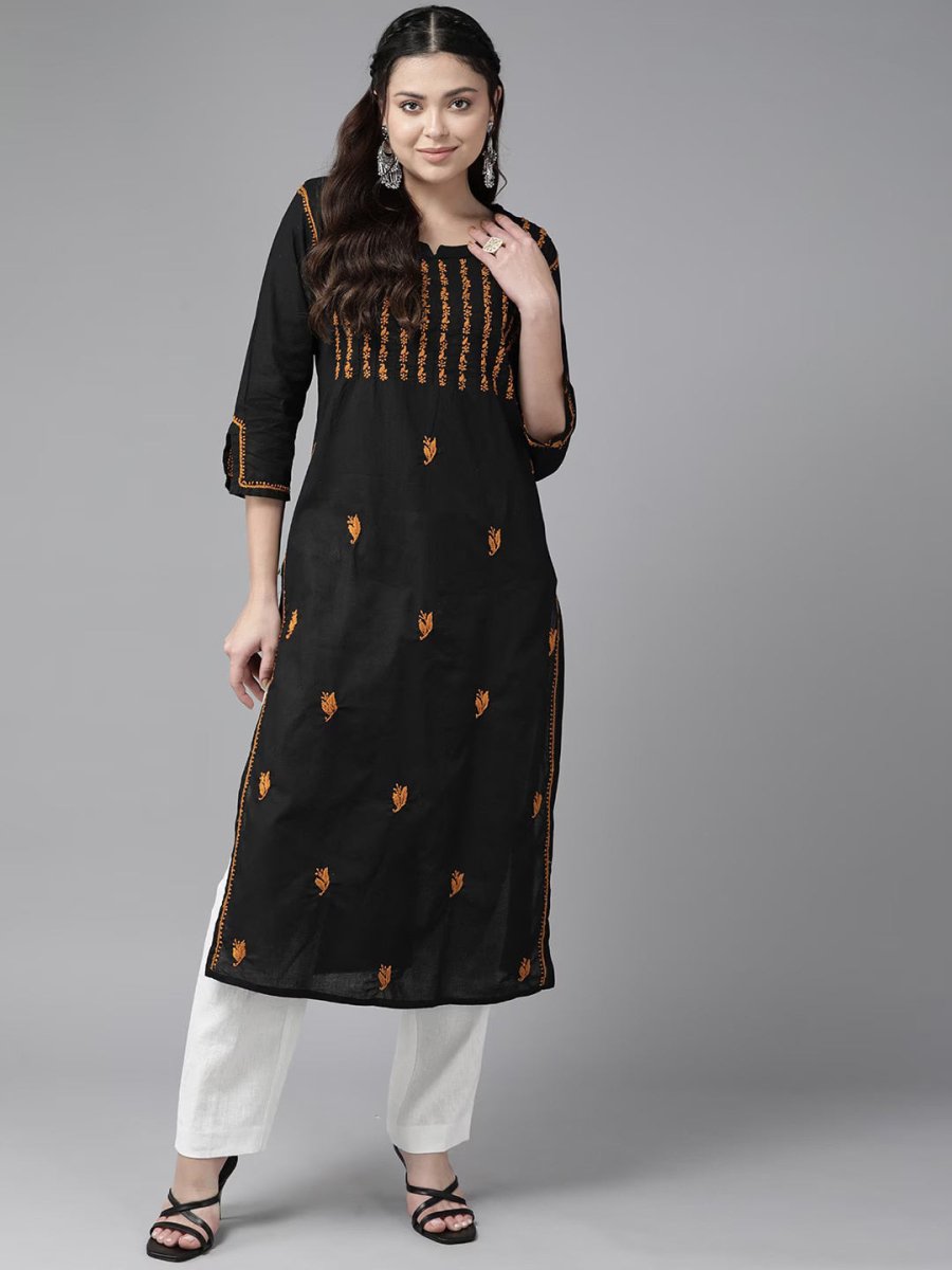 ADA Ethnic Motifs Embroidered Chikankari Cotton Straight Kurta - Distacart