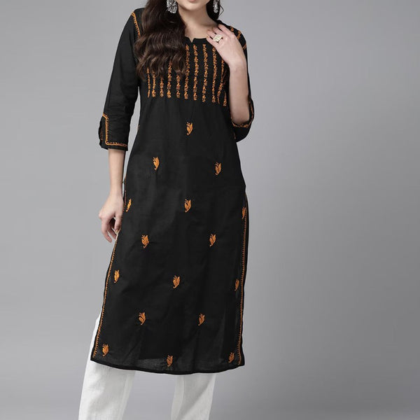 ADA Ethnic Motifs Embroidered Chikankari Cotton Straight Kurta - Distacart