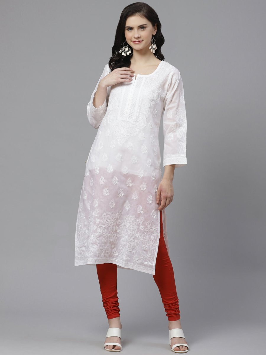 ADA Women White Chikankari Embroidered Sustainable Handloom Kurta with Churidar - Distacart