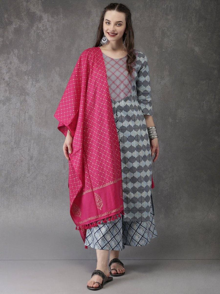 Anouk Women Blue & Pink Printed Kurta with Palazzos & Dupatta - Distacart