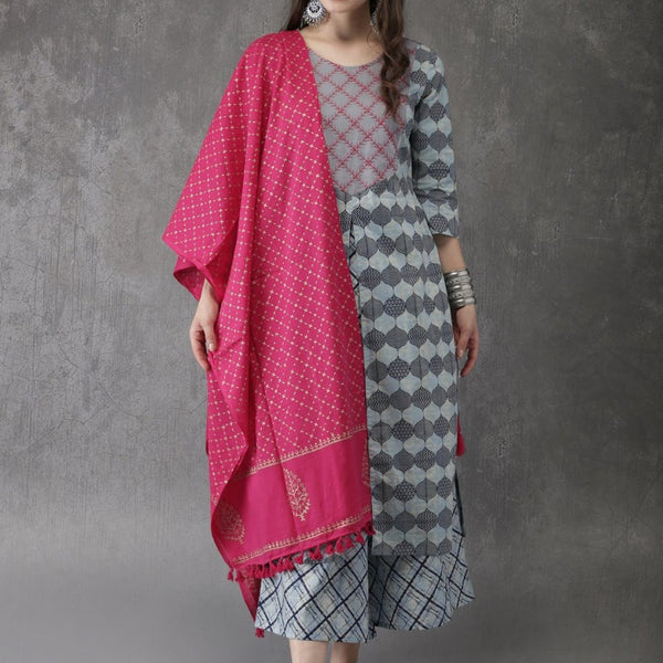 Anouk Women Blue & Pink Printed Kurta with Palazzos & Dupatta - Distacart