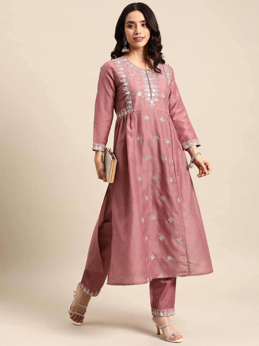 All About You Ethnic Motifs Embroidered Pleated Sequinned Kurta with Trousers - Distacart