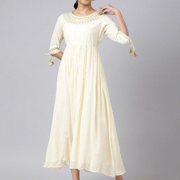 AURELIA Women Cream-Coloured Floral Round Neck Maxi Dress - Distacart