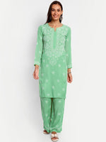 Thumbnail for ADA Floral Embroidered Long Sleeves Regular Lucknowi Chikankari Kurta With Palazzos - Distacart