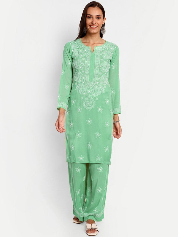ADA Floral Embroidered Long Sleeves Regular Lucknowi Chikankari Kurta With Palazzos - Distacart