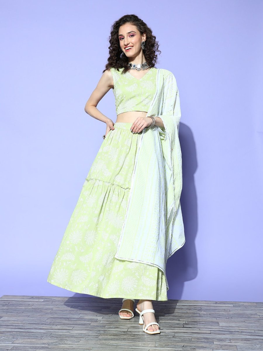 Ahalyaa Pure Cotton Green & White Printed Khari Print Ready to Wear Lehenga & Blouse With Dupatta - Distacart