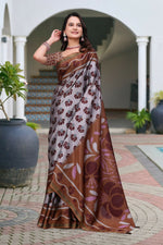 Thumbnail for Prime Volt Women's Brown Printed Mal Cotton Saree with Designer Blouse Piece - Distacart