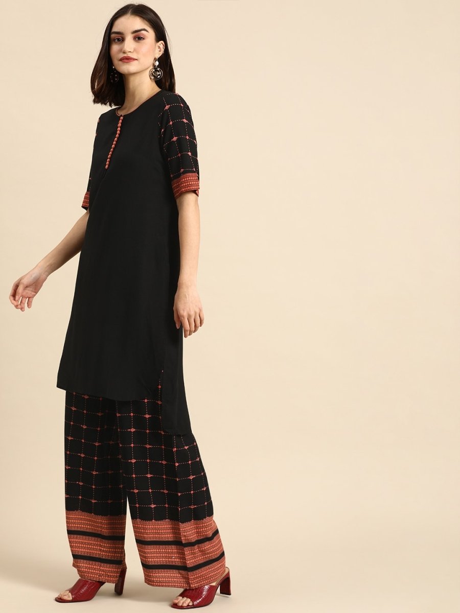 All About You Women Black & Pink Regular Round Neck Kurta with Palazzos - Distacart