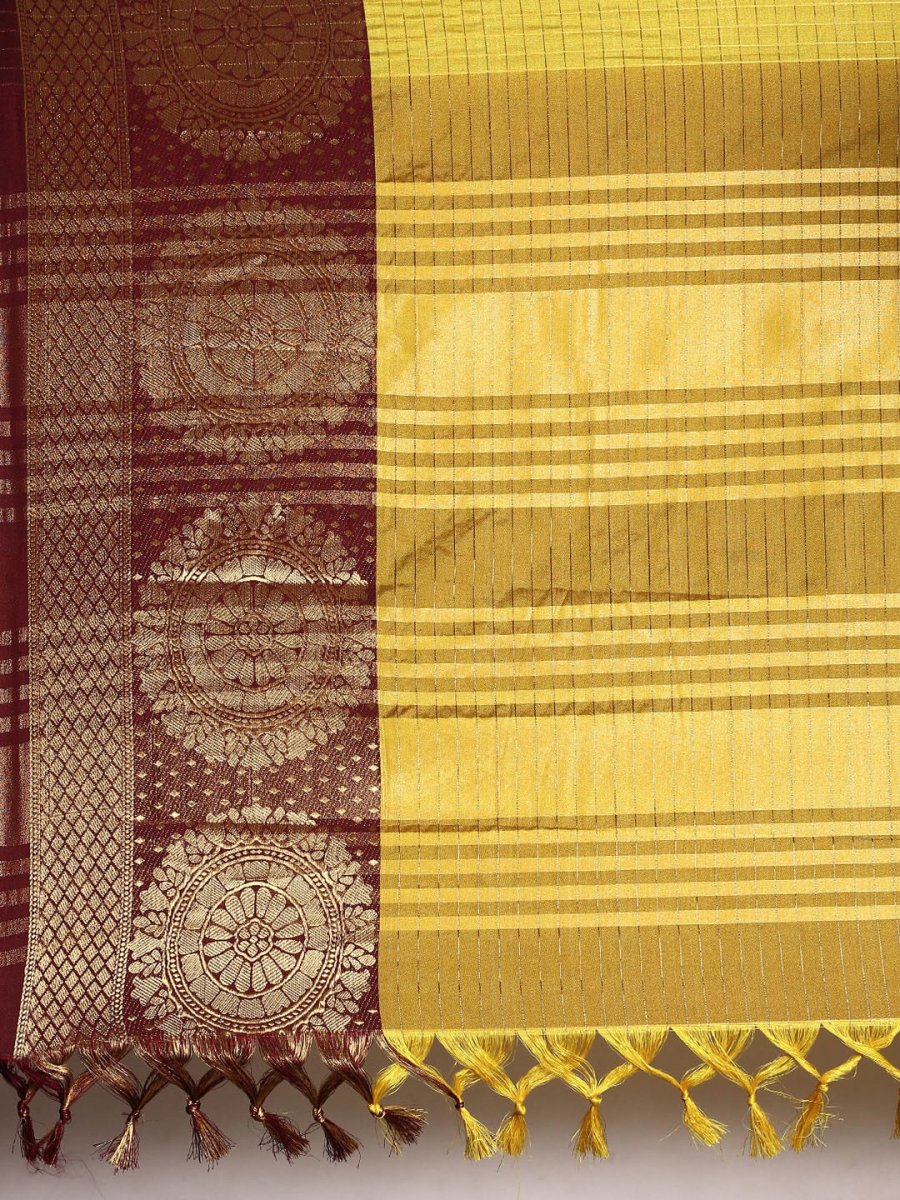Anouk Mustard Yellow & Gold-Toned Checked Zari Pure Silk Kanjeevaram Saree - Distacart
