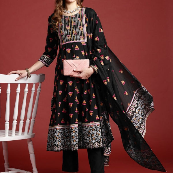 Anouk Floral Printed Regular Kurta with Trousers & With Dupatta - Distacart