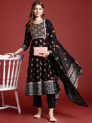 Anouk Floral Printed Regular Kurta with Trousers & With Dupatta - Distacart