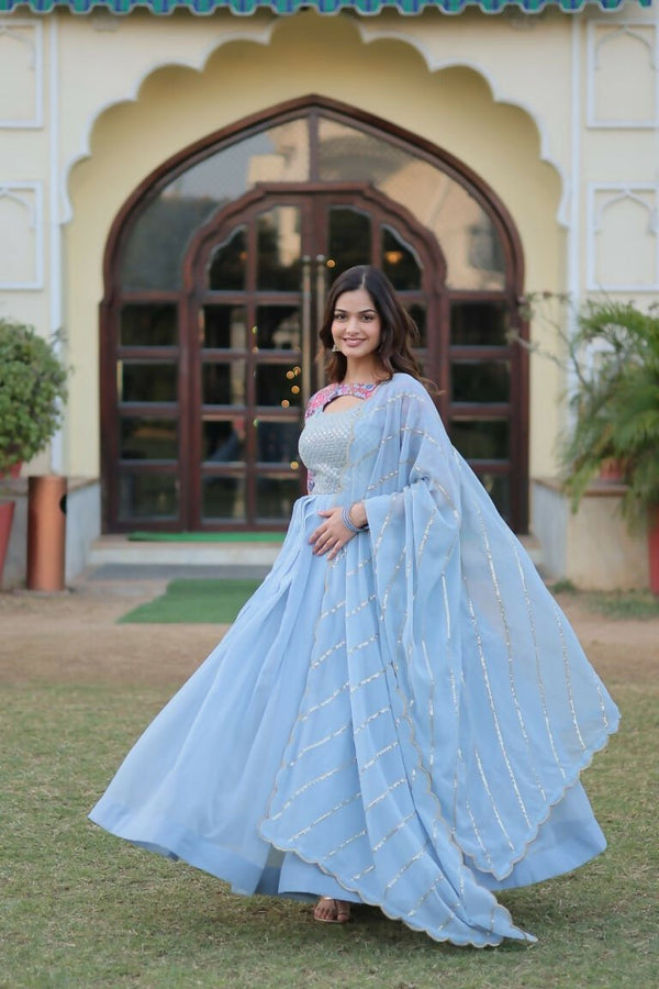Aastha Fashion Sky Faux Georgette Printed Gown With Pant - Distacart