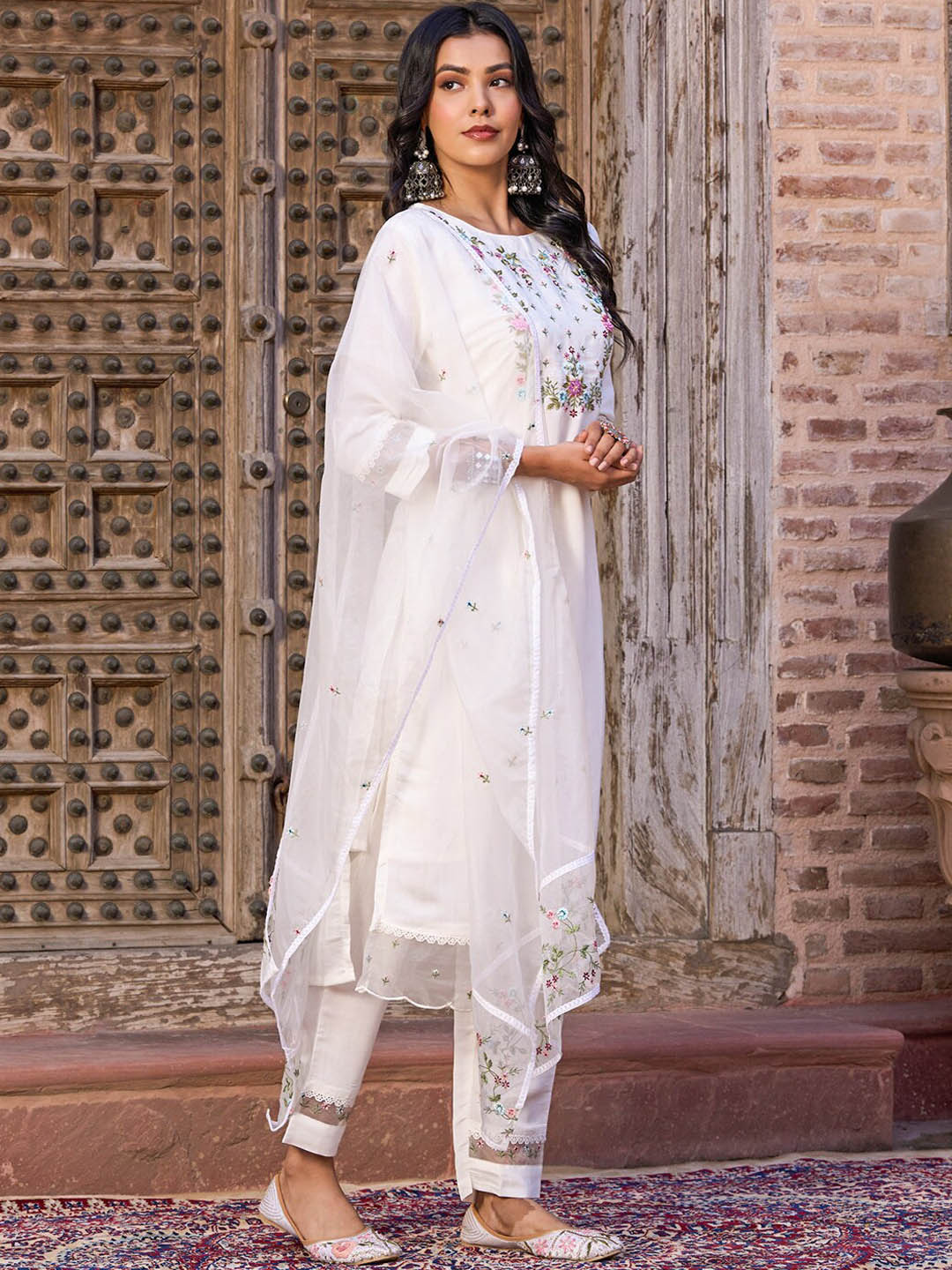Kalini Floral Yoke Design Thread Work Chanderi Cotton Kurta With Trouser & Dupatta - Distacart