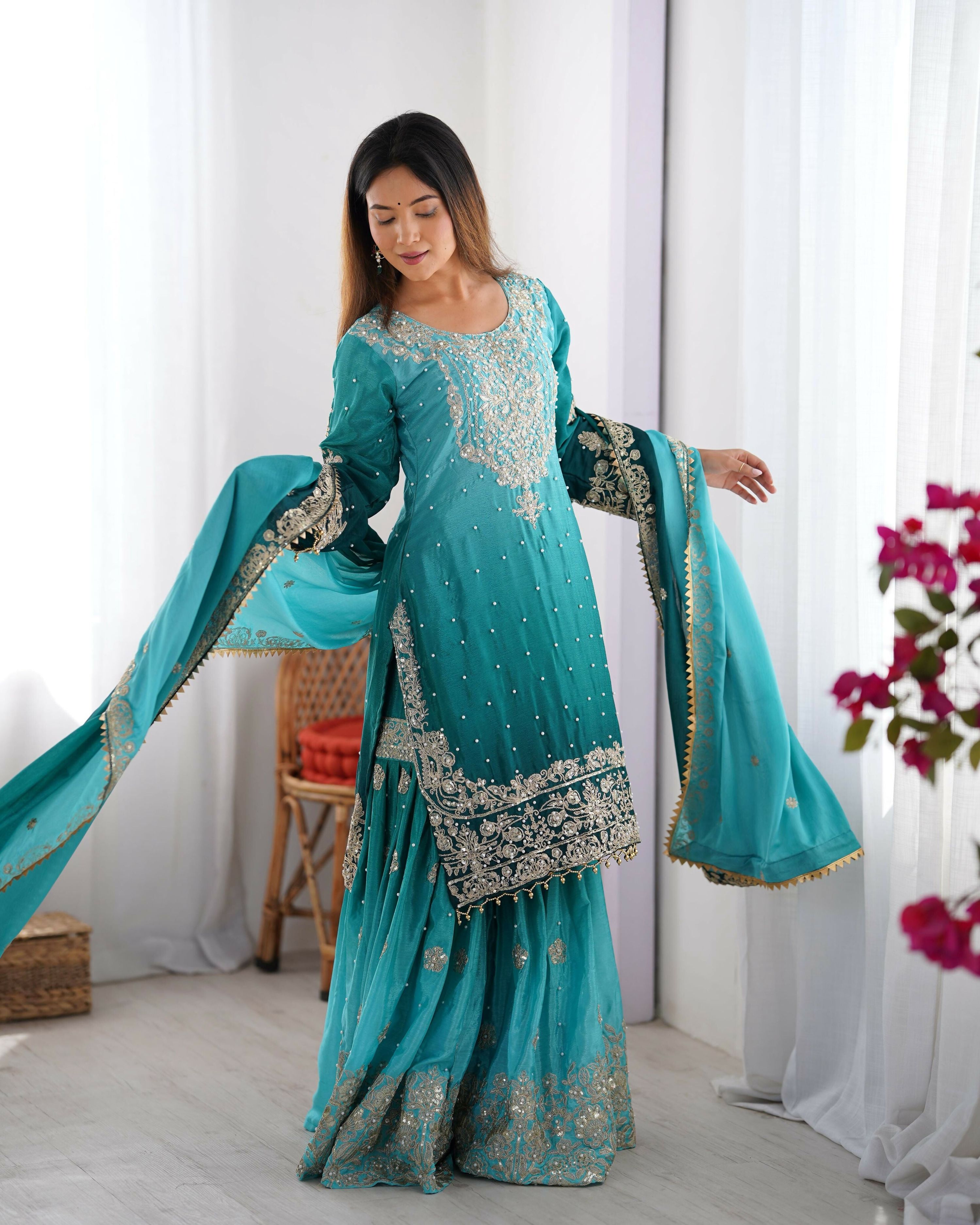 Joban Fashion Sky Blue Palazzo Chinon silk Coding Dori with Sequence with Rivet Moti