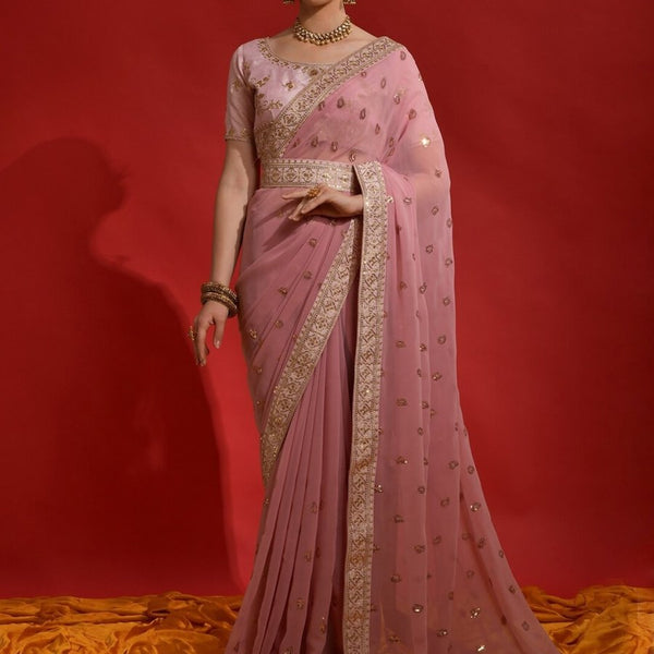 Anouk Pink & Gold-Toned Paisley Sequinned Pure Georgette Saree - Distacart