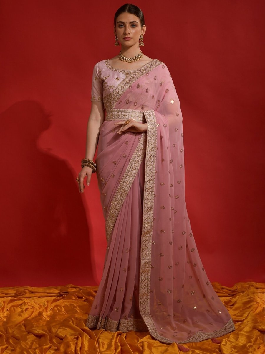 Anouk Pink & Gold-Toned Paisley Sequinned Pure Georgette Saree - Distacart