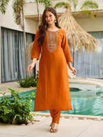 Thumbnail for The52 Rust Women's Gorgeous Embroidered work Rayon Fabric Straight Kurta, Pant and Dupatta Set