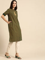 Thumbnail for All About You Women Green & Yellow Floral Embroidered Thread Work Pure Cotton Kurta - Distacart