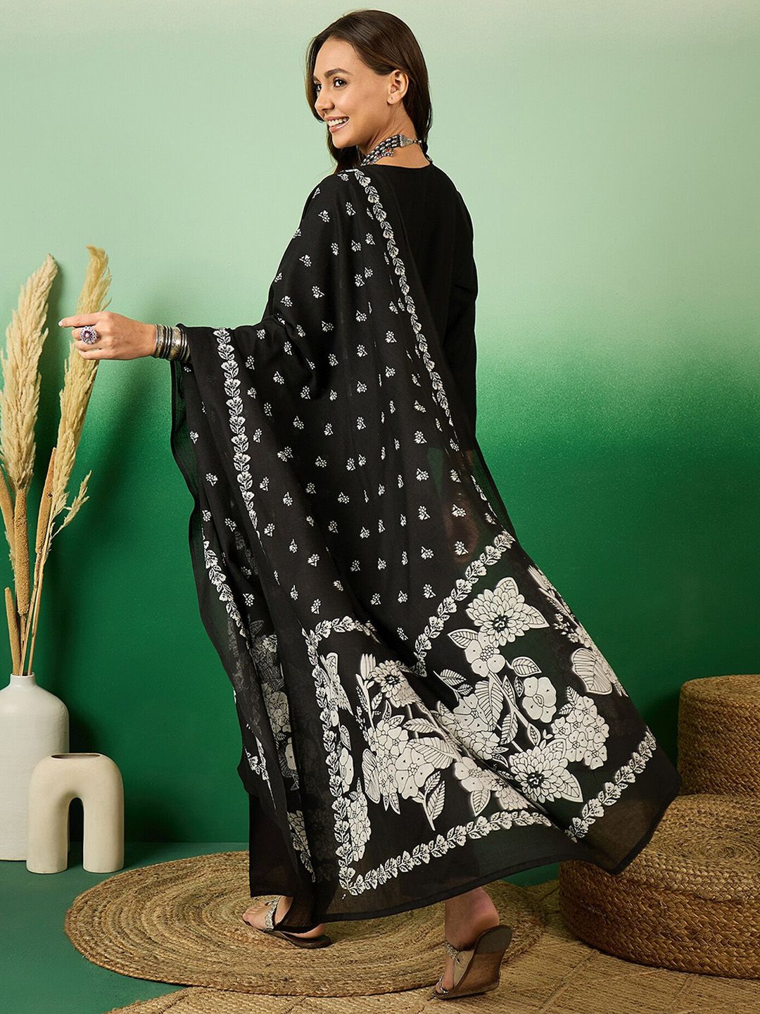 Sangria Floral Printed A-Line Kurta With Trouser & Dupatta