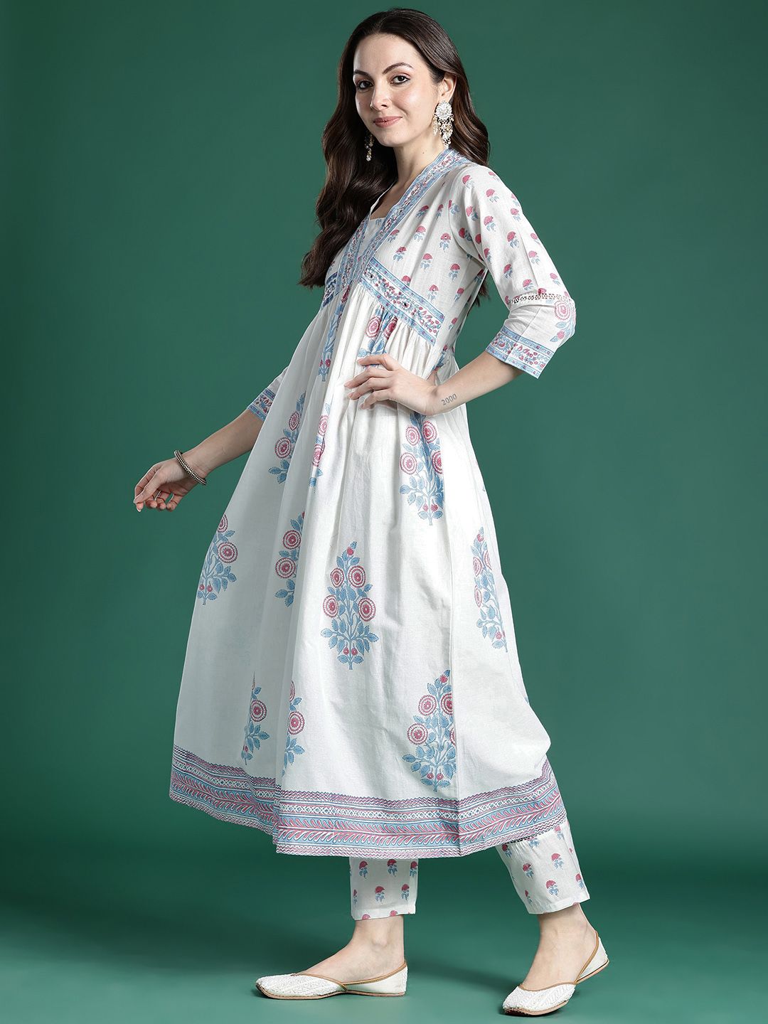 Indo Era Floral Printed Pure Cotton Kurta with Trousers & Dupatta