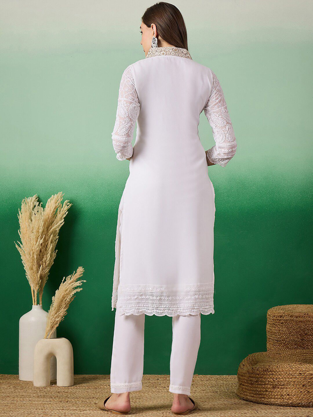 Sangria Women Embroidered Straight Kurta With Trouser Set - Distacart