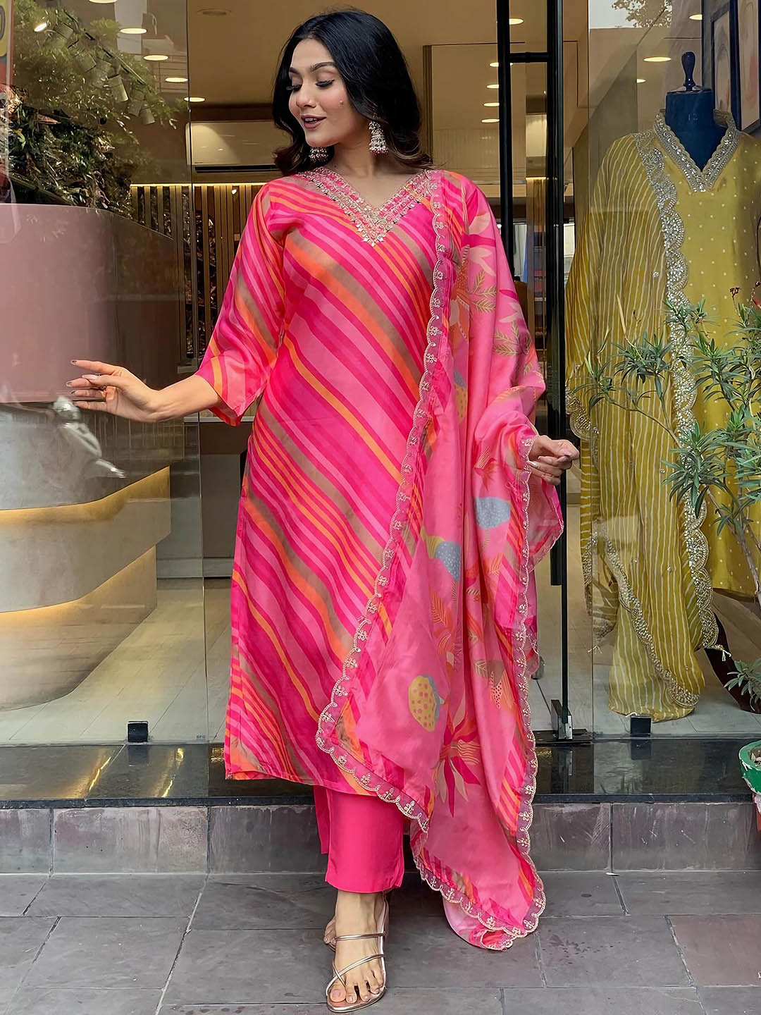 Kalini Leheriya Printed Sequinned Pure Silk Kurta with Trousers & Dupatta - Distacart