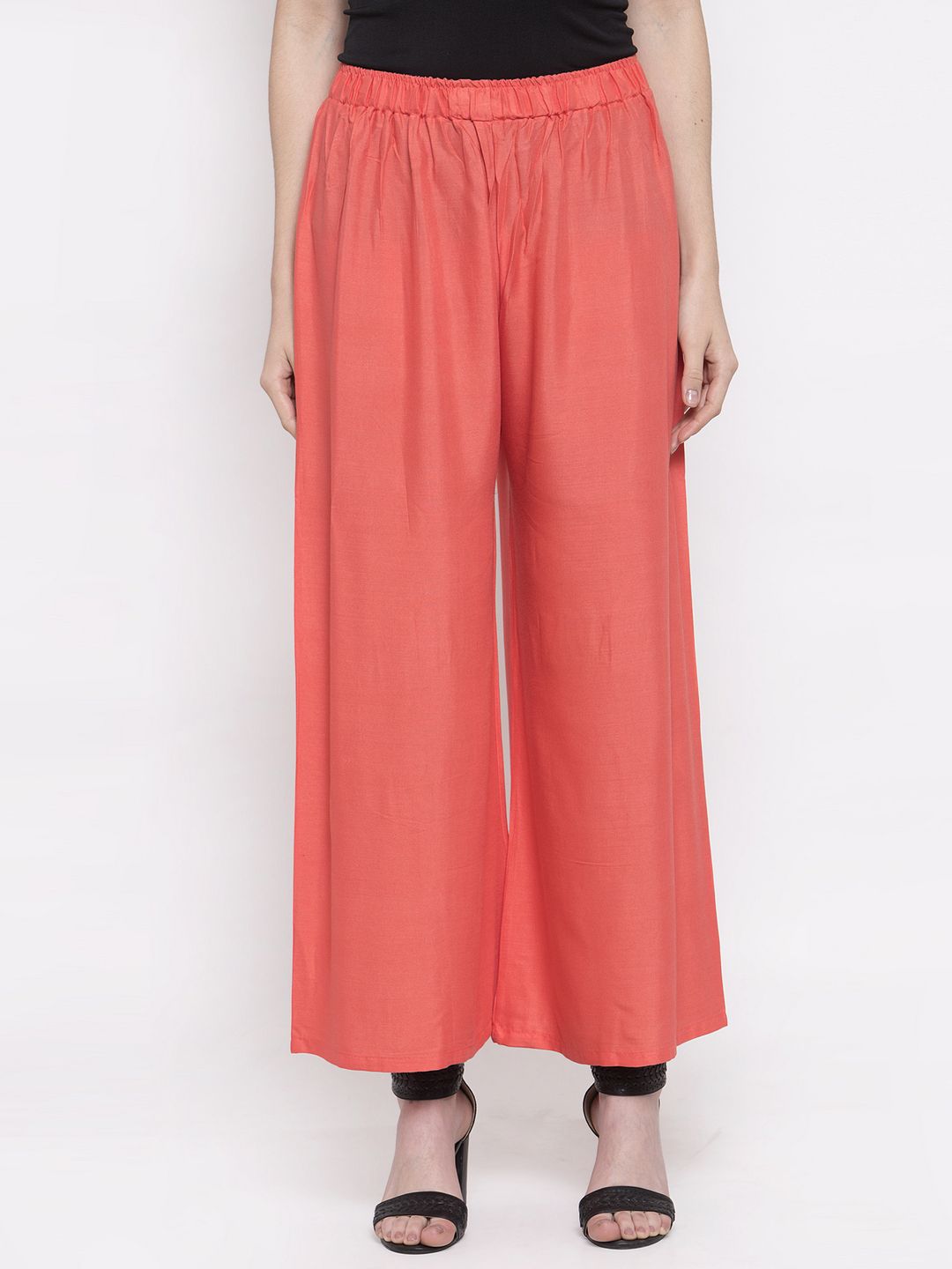 TAG 7 Women Peach-Coloured Solid Flared Palazzos - Distacart
