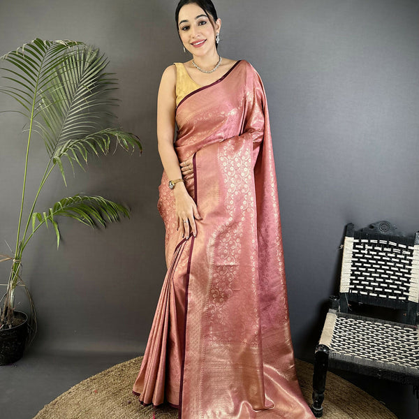 Joban Fashion Dusty Pink  Floral & Paisley Motifs Soft Satin Silk Banarasi Saree - Distacart