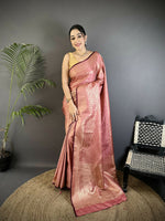 Thumbnail for Joban Fashion Dusty Pink  Floral & Paisley Motifs Soft Satin Silk Banarasi Saree - Distacart