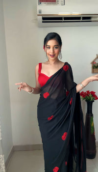 Thumbnail for Malishka Georgette Embroidery Ready To Wear Saree With Blouse Piece - Black - Distacart